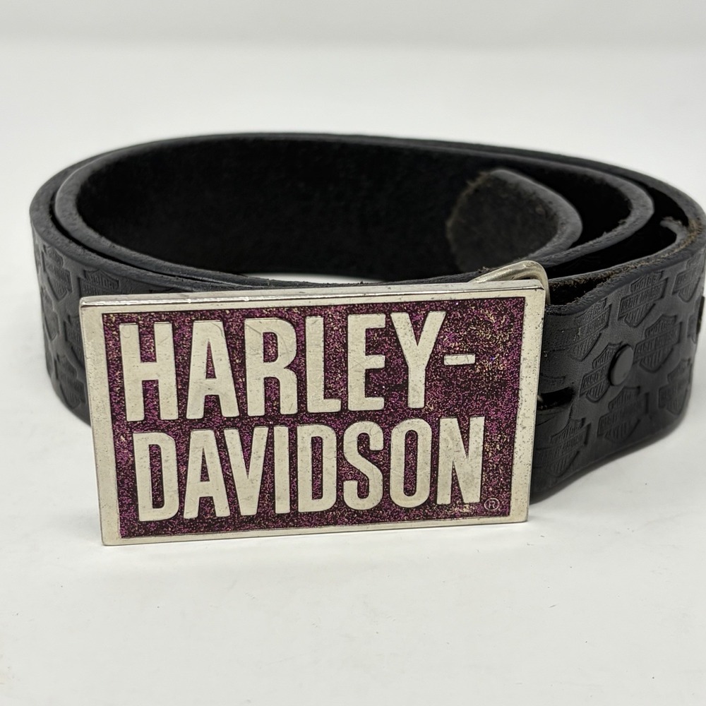 Harley-Davidson Women's Leather Belt 32 Purple Glitter Buckle USA 2006 Y2K